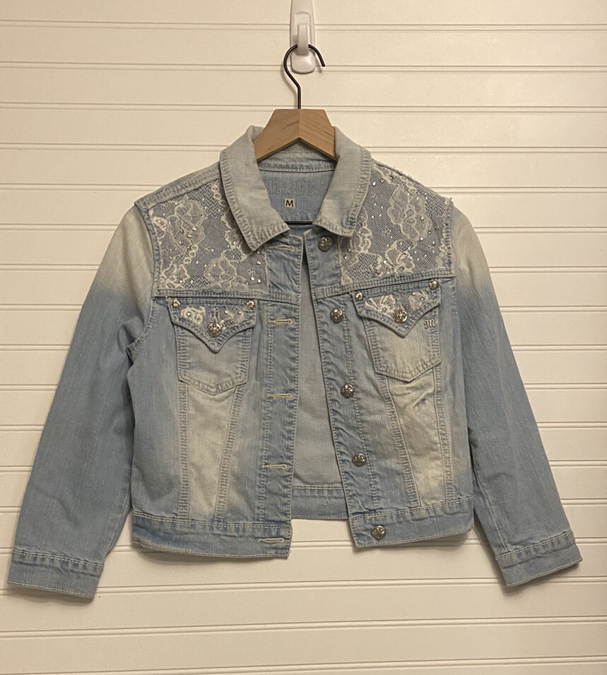 Miss Me Womens Juniors Denim Jacket Lace Rhinestone
