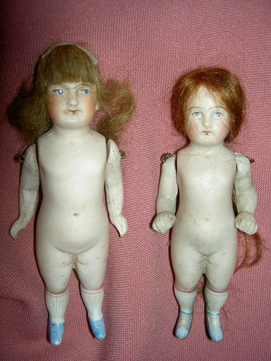 Pair Antique All Bisque Dolls Molded Hair Boy Doll Baby or Boy 