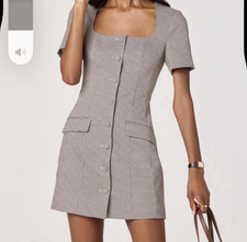 ASTR The Label XS Black Brown Houndstooth Button Front Mini Dress