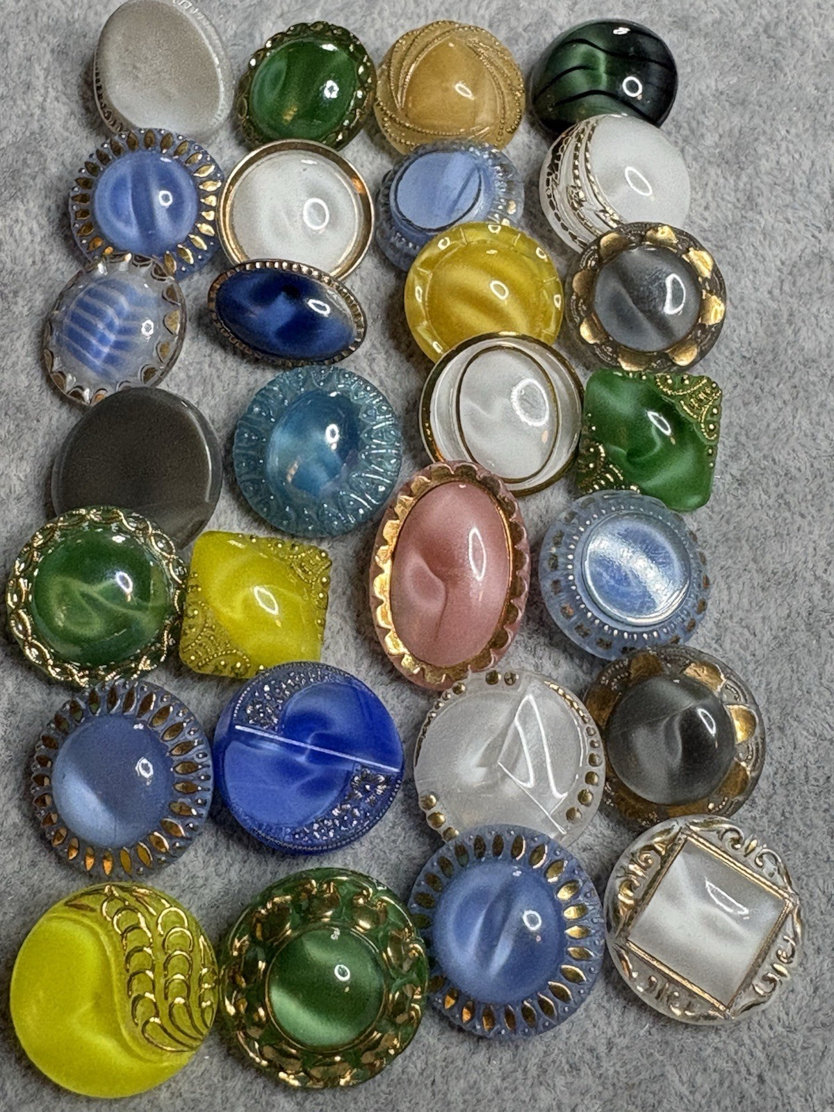 Colorful MIXED lot of 28  Moonglow Glass Buttons w/Gold, Vintage lot