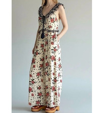 CLEOBELLA Wide Leg Floral Jumpsuit Size M Tassel Keyhole Neck