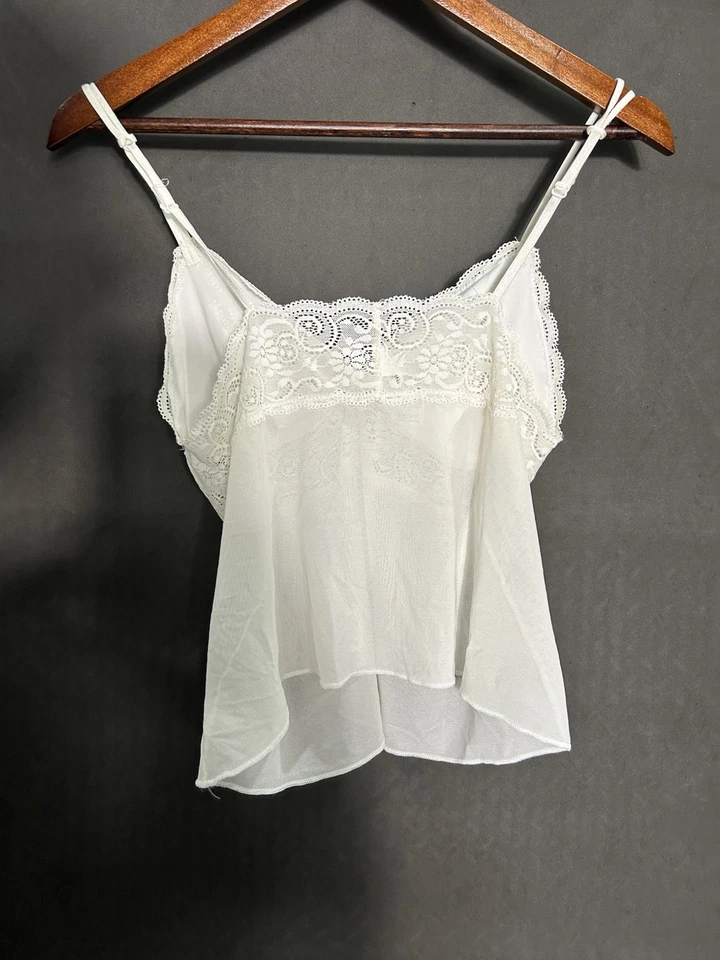 Camiseta sin mangas vintage de encaje marfil cami transparente años 90 coqueta romántica delicada talla XL Foto 3 de 4