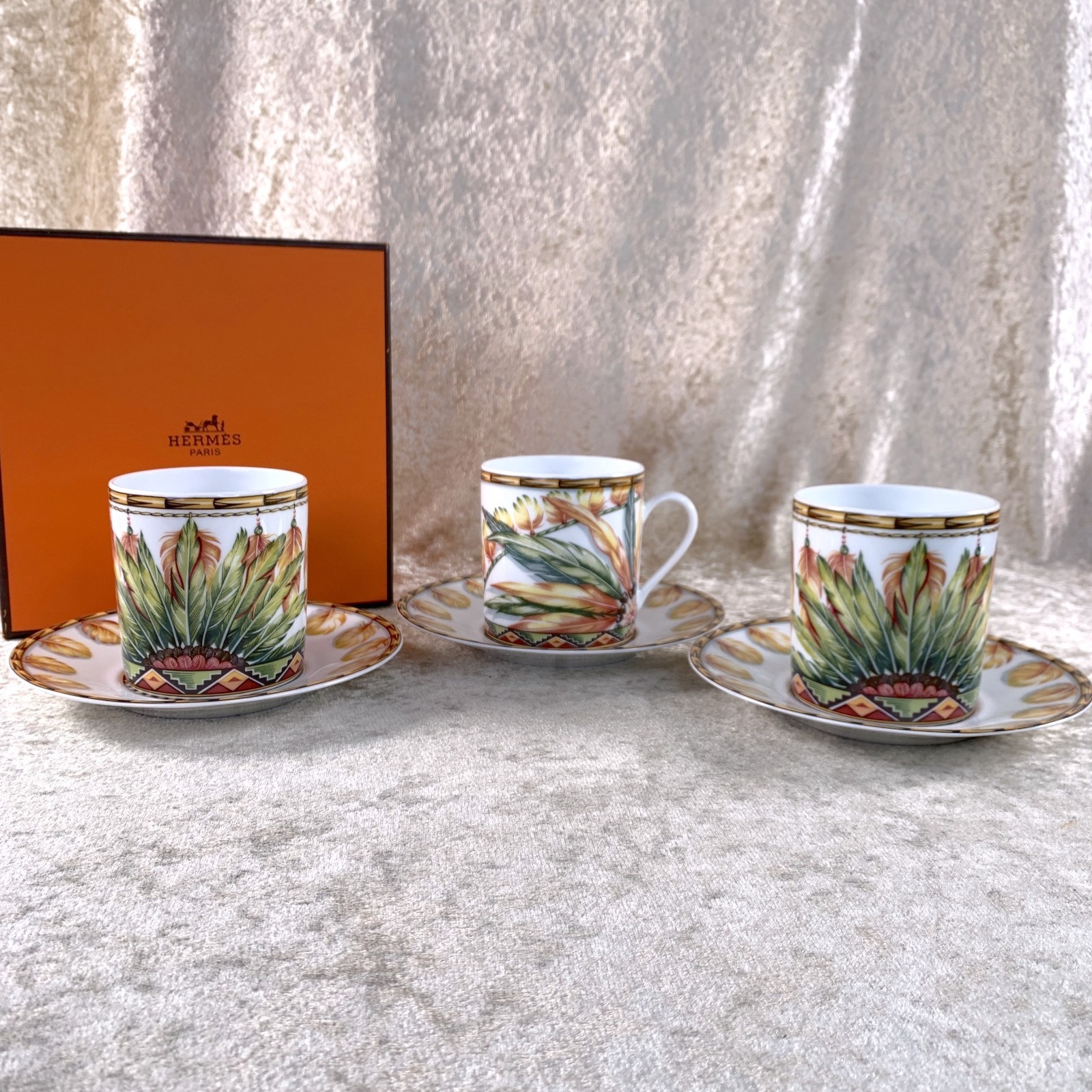 Hermes Paris Demitasse Cup & Saucer Patchwork Brazil Porcelain Tableware 3 Sets thumbnail 3