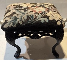 Vintage Cast Iron Footstool Victorian Style W/ Floral Needlepoint Tapestry
