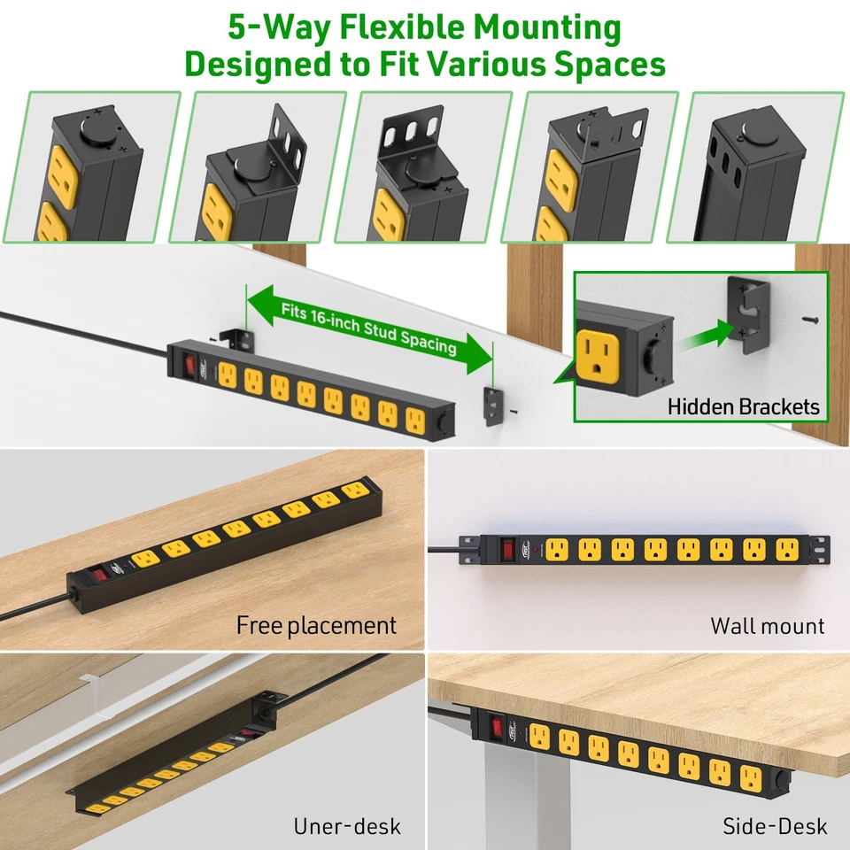 8-Outlet Metal Heavy Duty Surge Power Strip,6FT 14AWG Cord ETL Listed - Image 3 of 4