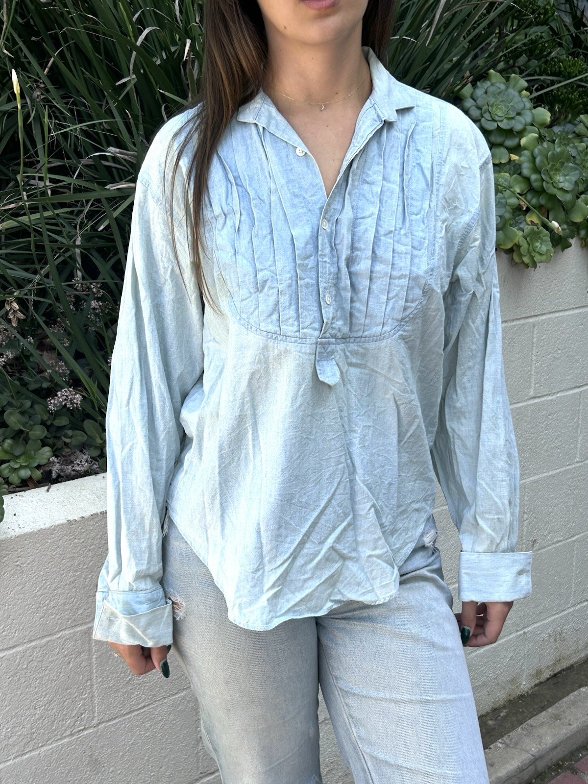 Ralph Lauren 6 Shirt Top French Cuffs Dolmain Sleeves 100% Cotton Denim Chambray