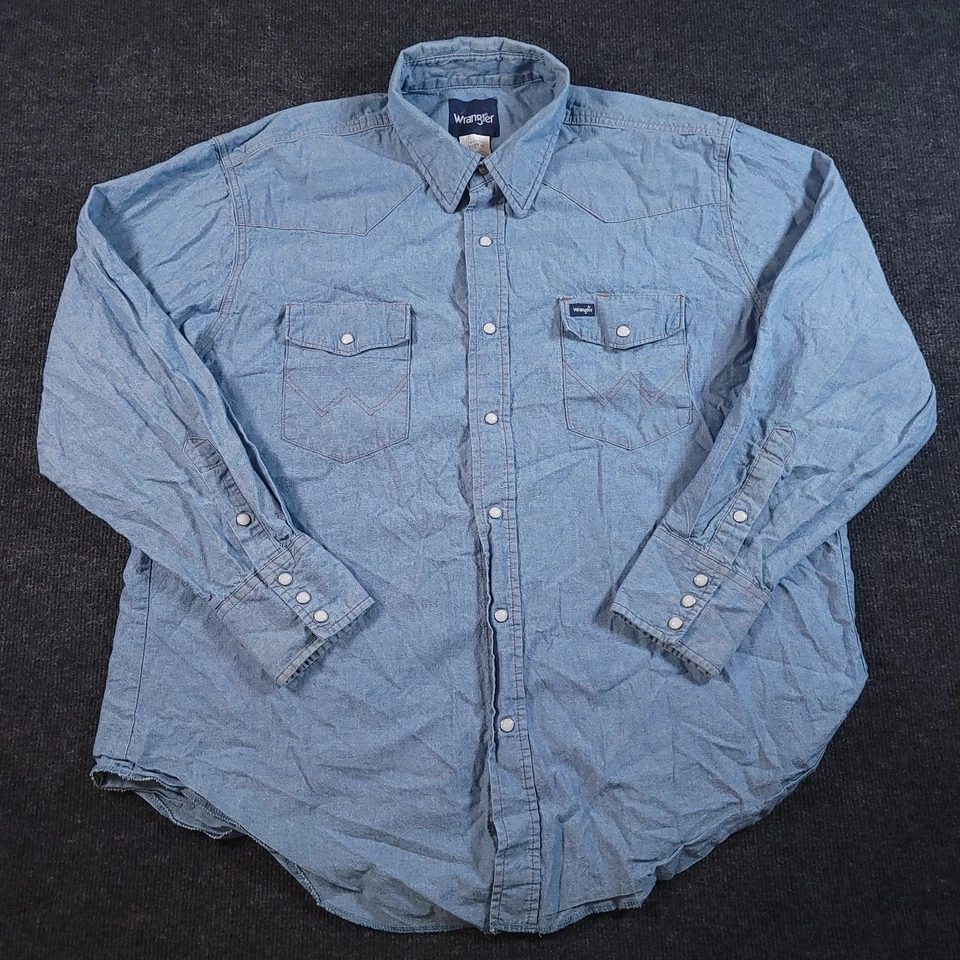 Wrangler Western Denim Snap Shirt 2XL Blue Chambray Long Sleeve 100% Cotton - Image 2 of 4