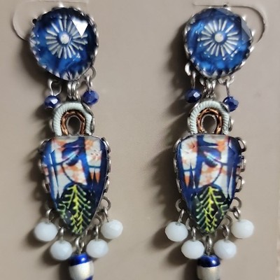 Ayala Bar Blue, Blue Dome Collection Glass Beaded Dangle Drop Earrings Signed