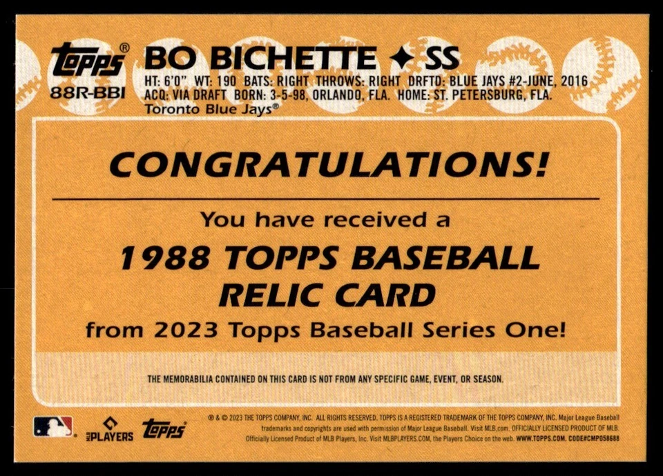 2023 Topps 1988 Bo Bichette Patch #88R-BBI - Image 2 of 2