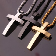 Top Quality Stainless Steel Silver/Gold/Black Cross Mens Women Pendant Chain 24"