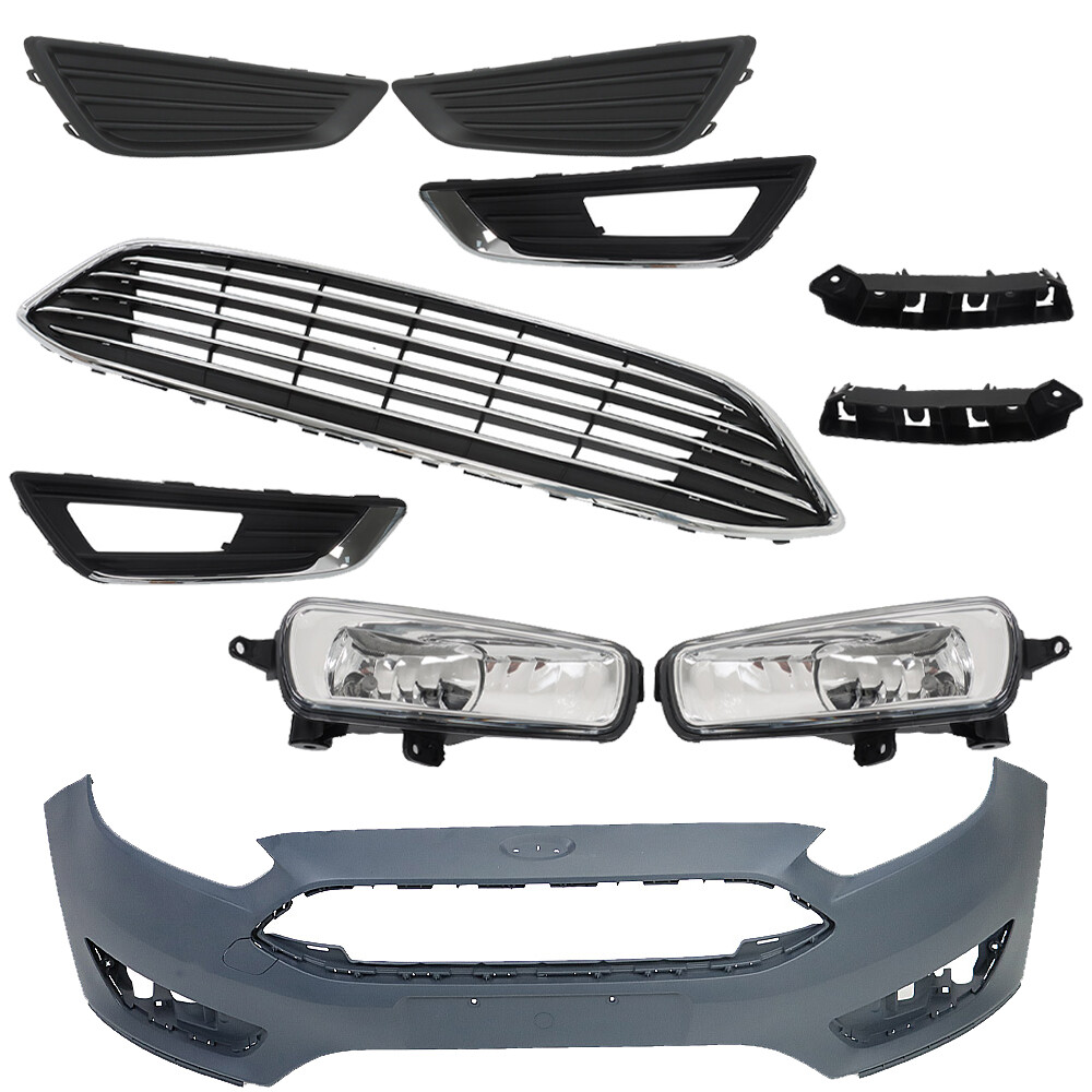 For Ford Focus 15-2018 Front Bumper Cover+Upper Grille w/Fog Light (Cover) Pair