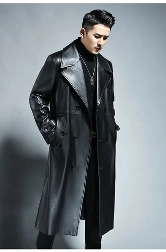 Autumn Men Long Black Pu Leather Spring Trench Coat Double Breasted Outerwear - Picture 5 of 12
