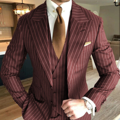 Formal Men Suits Pin Striped 3 Pieces Wide Peak Lapel Business Wedding Tuxedos