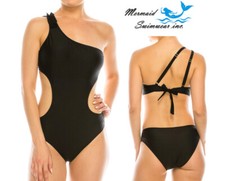 Mermaid Swimwear Black One Shoulder Cutout 1Pc Monokini Swimsuit Size Large