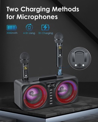 Portable Bluetooth Karaoke Machine with 9 Color & 2 UHF Wireless Microphones