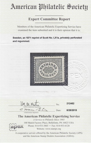 Sweden Sc LX1a MLH. 1871 reprint of 1856 3o gray black Local on thin paper, Cert - Picture 3 of 3