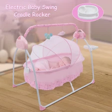 Pink Electric Folding Infant Crib Baby Cradle Timing 5-gear Adjustment 95*52CM
