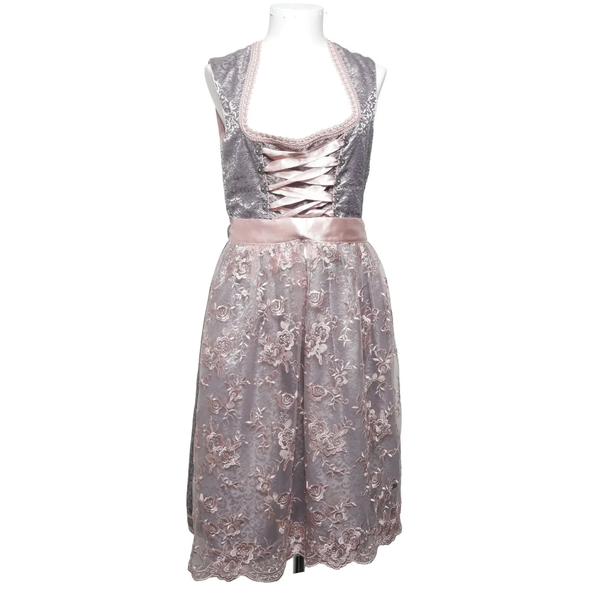 Alpenmärchen Midi-Dirndl Doornroosje - Grijs-Roze Met Kant Schort Maat 32-54