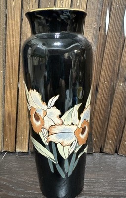 Vintage Shaddy Japan Black Floral Vase 9.5  Tall X 3  Wide.