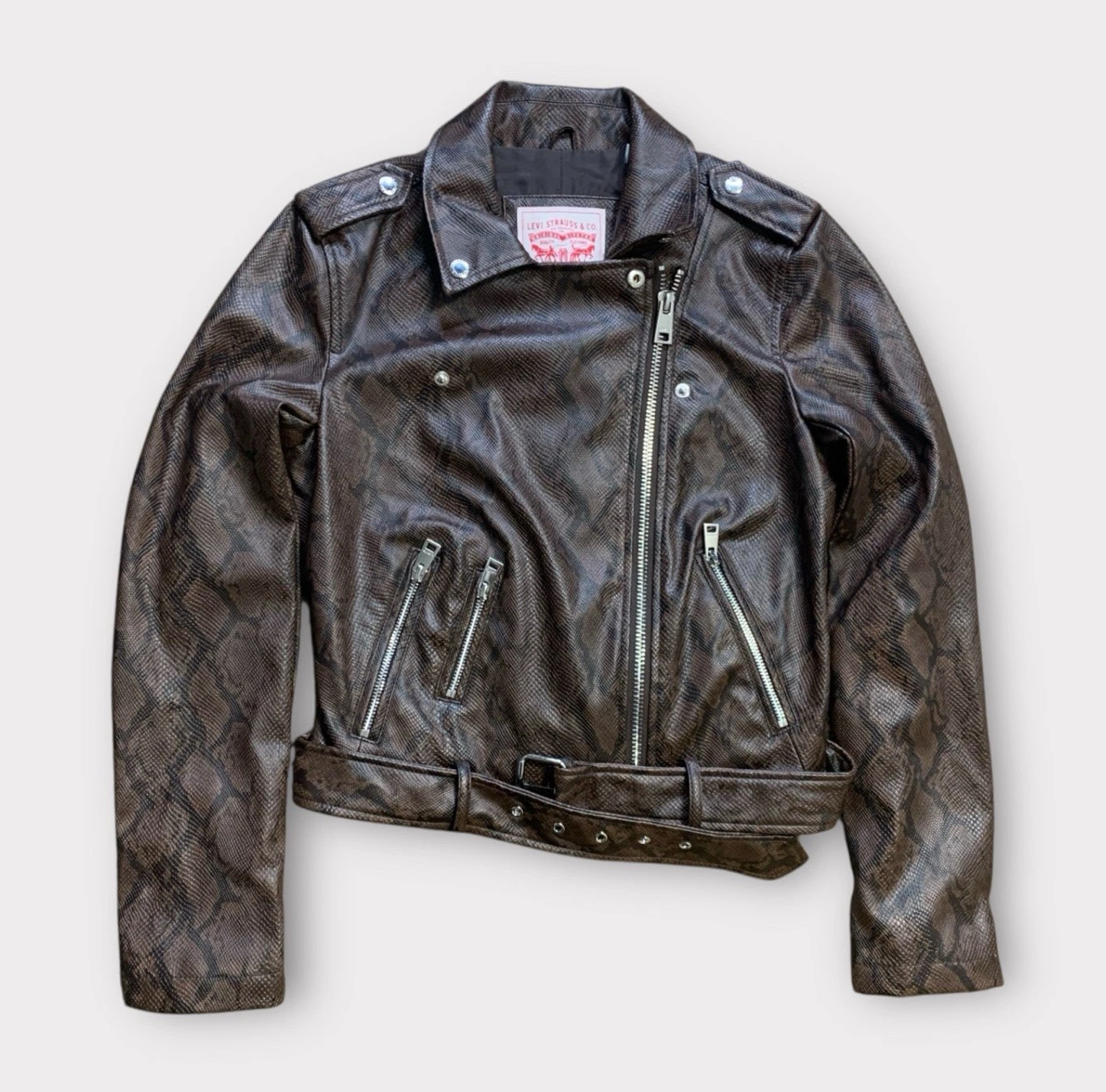 Levi's Faux Leather Snake Print Motorcycle Jacket Women’s Size Small Brown NWT