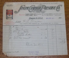 Antique 1901 Billhead Receipt - Joseph Campbell Preserve Co. Camden NJ