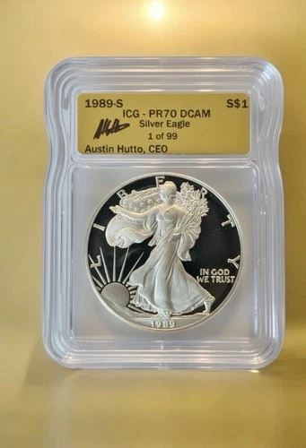 1987 S PROOF SILVER EAGLE ICG PR70 DCAM AUSTIN HUTTO SIGNED GOLD LABEL 1 OF 99