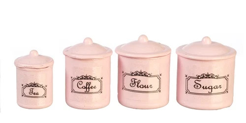 Dolls House Canisters & Lids x 4 Pink Kitchen Miniature 1:12th Scale (TD)