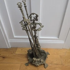 Vintage Solid Brass Fireplace Tool Set French Baroque Hunting Dog & Rifle