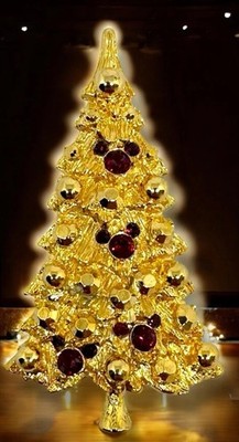 Vtg signed Disney Mickey Mouse Gold Christmas Tree Brooch Red crystal Rhinestone