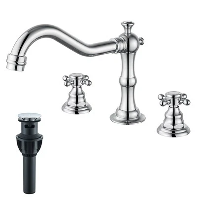 BWE Chrome Bathroom Sink Faucet 2Handle 3 Hole Widespread Basin Mixer Faucet w/Drain