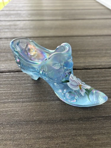 Fenton Artist Hand Painted Blue Iridescent Cabbage Rose Glass Shoe Slipper