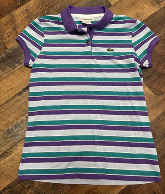 Lacoste Girls Size 12 Purple & Green Striped Polo Shirt Classic Fit Cotton