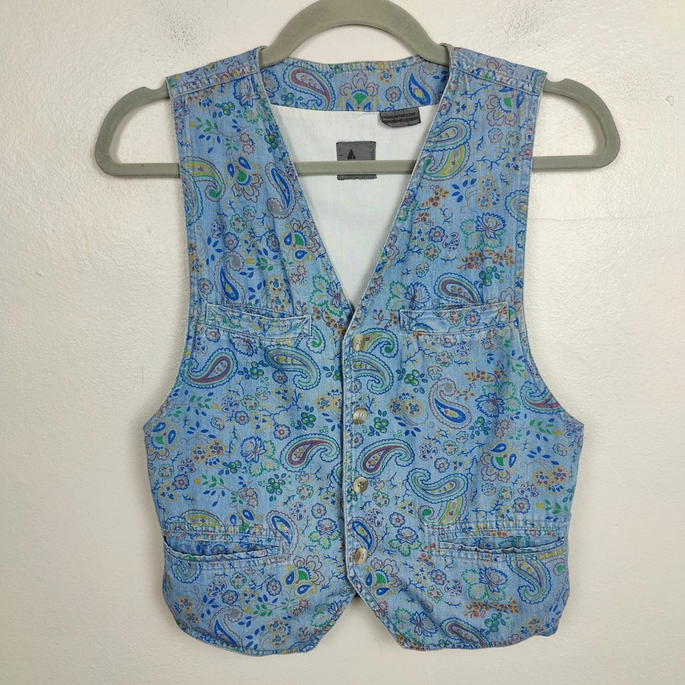 Chaleco Liz Wear Petite Vintage Mujer Pequeño Azul Paisley Floral Botón Delantero Boho Foto 2 de 4