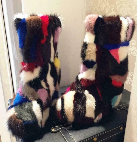 Real Mink Fur Women Mid-calf Boots Multi-Color Warm Pull On Snow Winter Shoes  - Bild 2 von 13