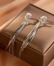 Cubic Zirconia Clip On Earrings Drop Dangle Shiny Silver Wedding Prom Pageant