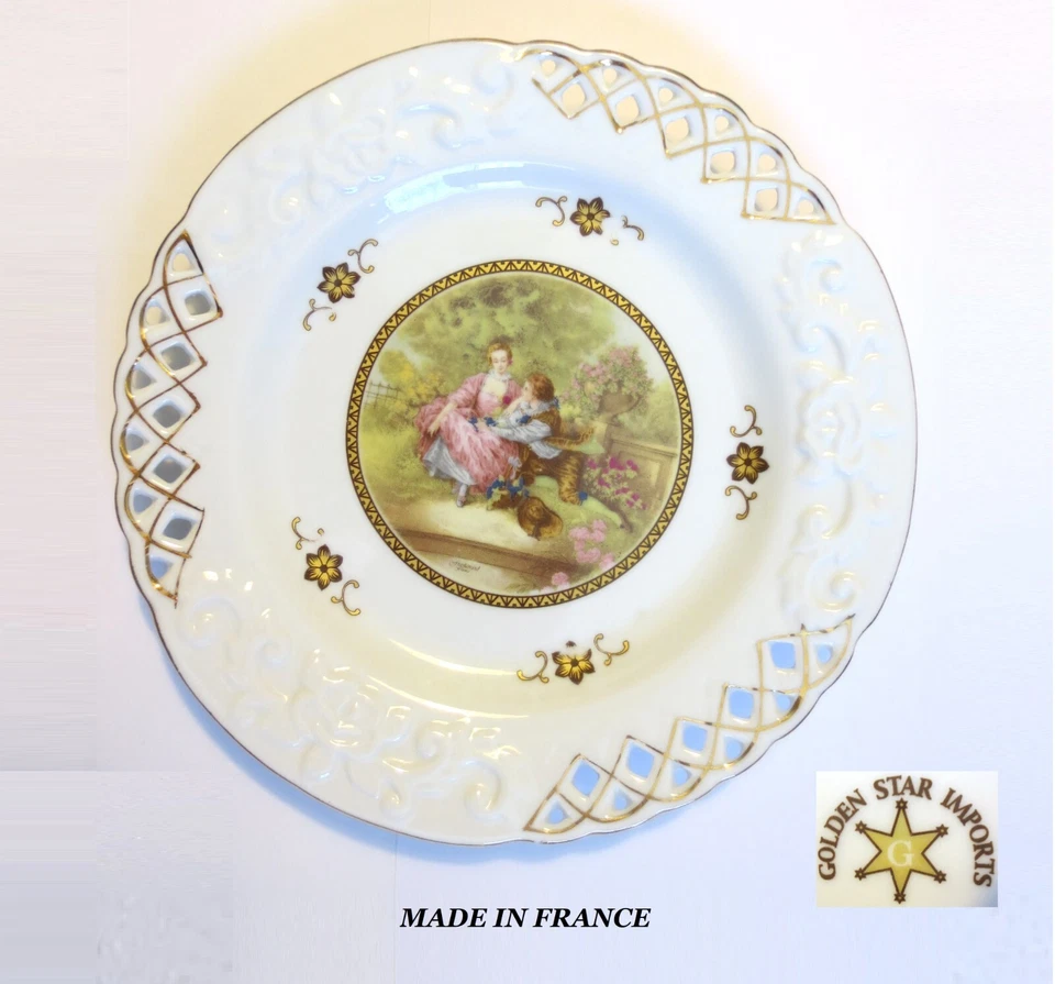 DOS (2) PLACAS DE PORCELANA DORADA ORO 24KT RETICULADO 8" RETRATO VICTORIANO FRANCIA Foto 3 de 4