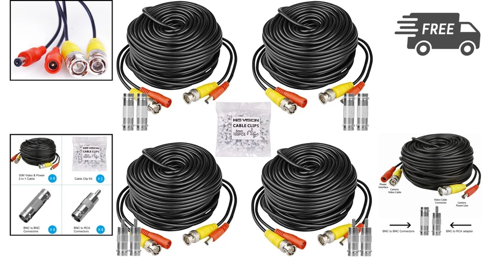 CCTV Security Camera Power Video Cable Kit 400ft 4 Pack with Connectors Clips - Image 2 of 4