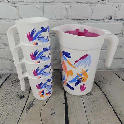 VTG Tupperware Abstract 2QT Pitcher Set 7811B-2 w/ 4 Handled Cups