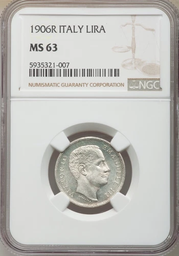 ITALY KINGDOM 1906-R 1 LIRA SILVER COIN CHOICE UNCIRCULATED NGC CERTIFIED MS63