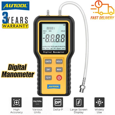 AUTOOL Digital Manometer Differential Pressure Gauge Dual Port Air HVAC Gas Test Meter