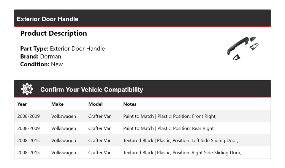 Ручка внешней двери для Volkswagen Crafter Van Dorman 2008-2015 годов выпуска 2009 2010 2011 годов выпуска - Изображение 2 из 4