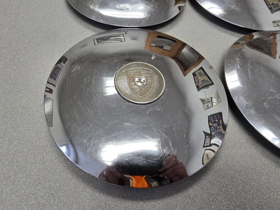 JUEGO DE TAPACUBOS CROMADOS USADOS PORSCHE 356C 356SC 911 912 914-6 CON TAPA CENTRAL NLA #24 Foto 4 de 4