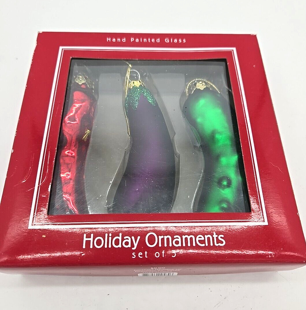 Adornos de Navidad de berenjena de pimiento rojo encurtido vidrio pintado a mano