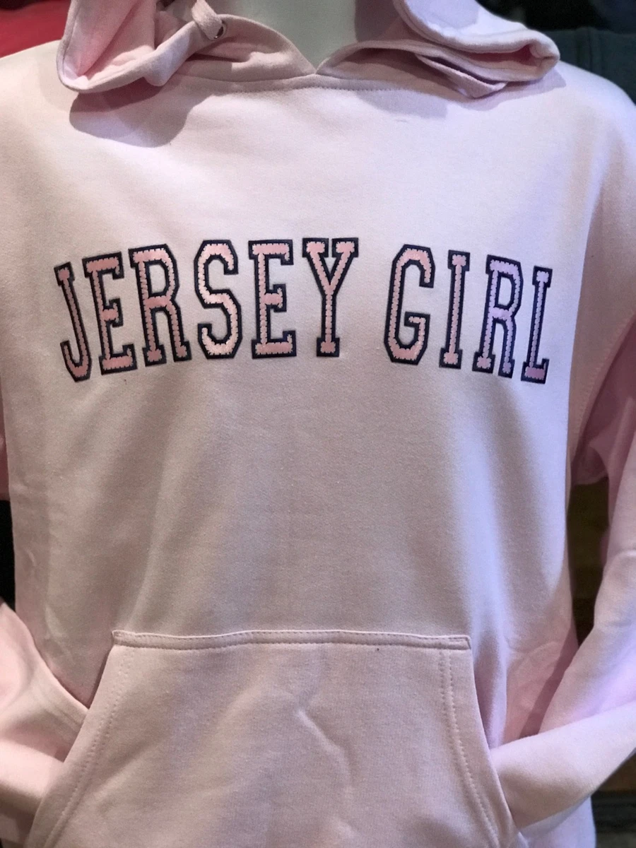 JERSEY GIRL PINK HOODED HOODIE Sweatshirt RAISED LETTERS NOT T TEE SHIRT