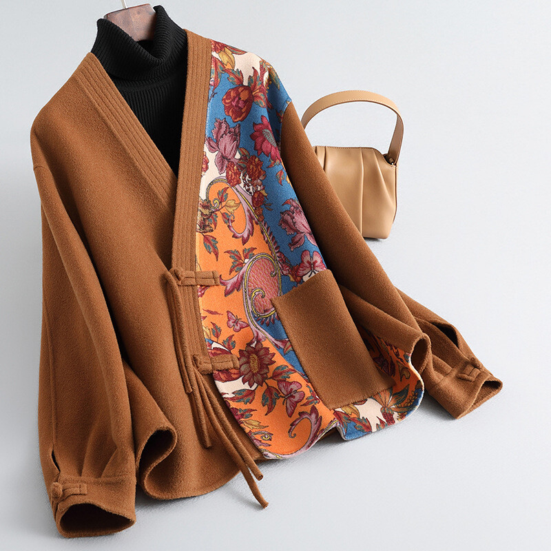 Doublesided Woolen Cashmere Coat Chinese Vneck Short Loose Wool