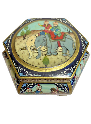 Vintage Hand Painted Camel Bone Octagonal Lined Trinket Box