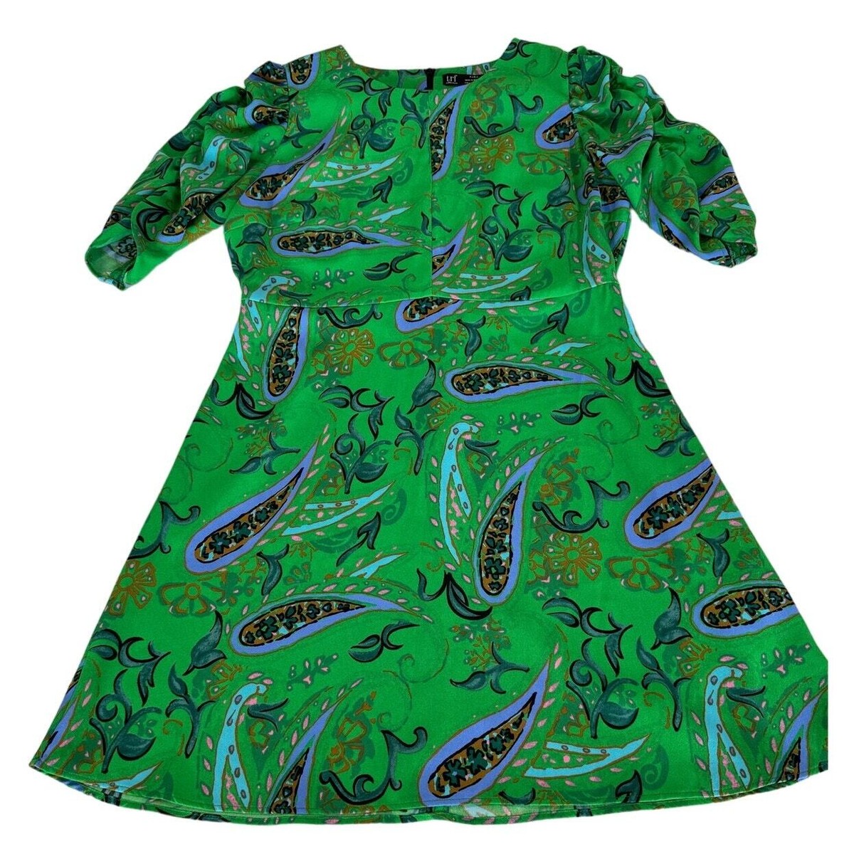 Zara Green Paisley A-Line Rushed 3 1/4 Sleeve Mini Dress Size Small