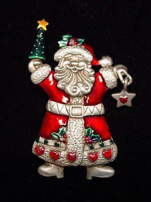 ''JJ'' Jonette Jewelry Silver Pewter 'Colorful Detailed SANTA' Pin ~ CHRISTMAS
