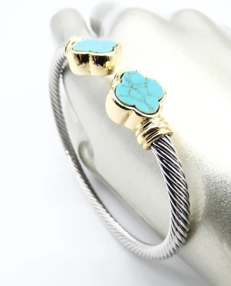 NUEVO BRAZALETE BRAZALETE CABLE PUNTAS DE TRÉBOL TURQUESA AZUL CHAPADO EN ORO DE 18kt Foto 2 de 4