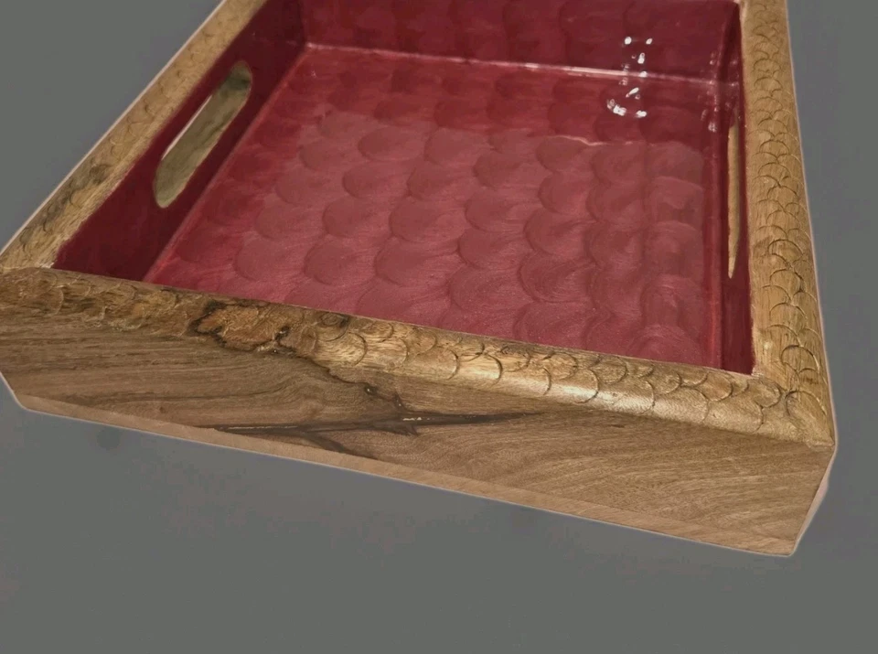 Square Wood Serving Tray Handles Fuschia Pink Carved Design 11 X 11 In +/- - Image 3 of 4